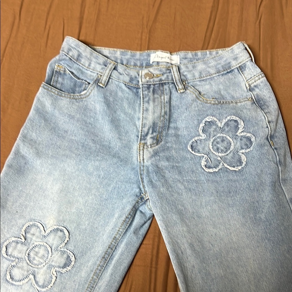 Angel Kiss women Blue Straight Leg Jeans with Floral Embroidery